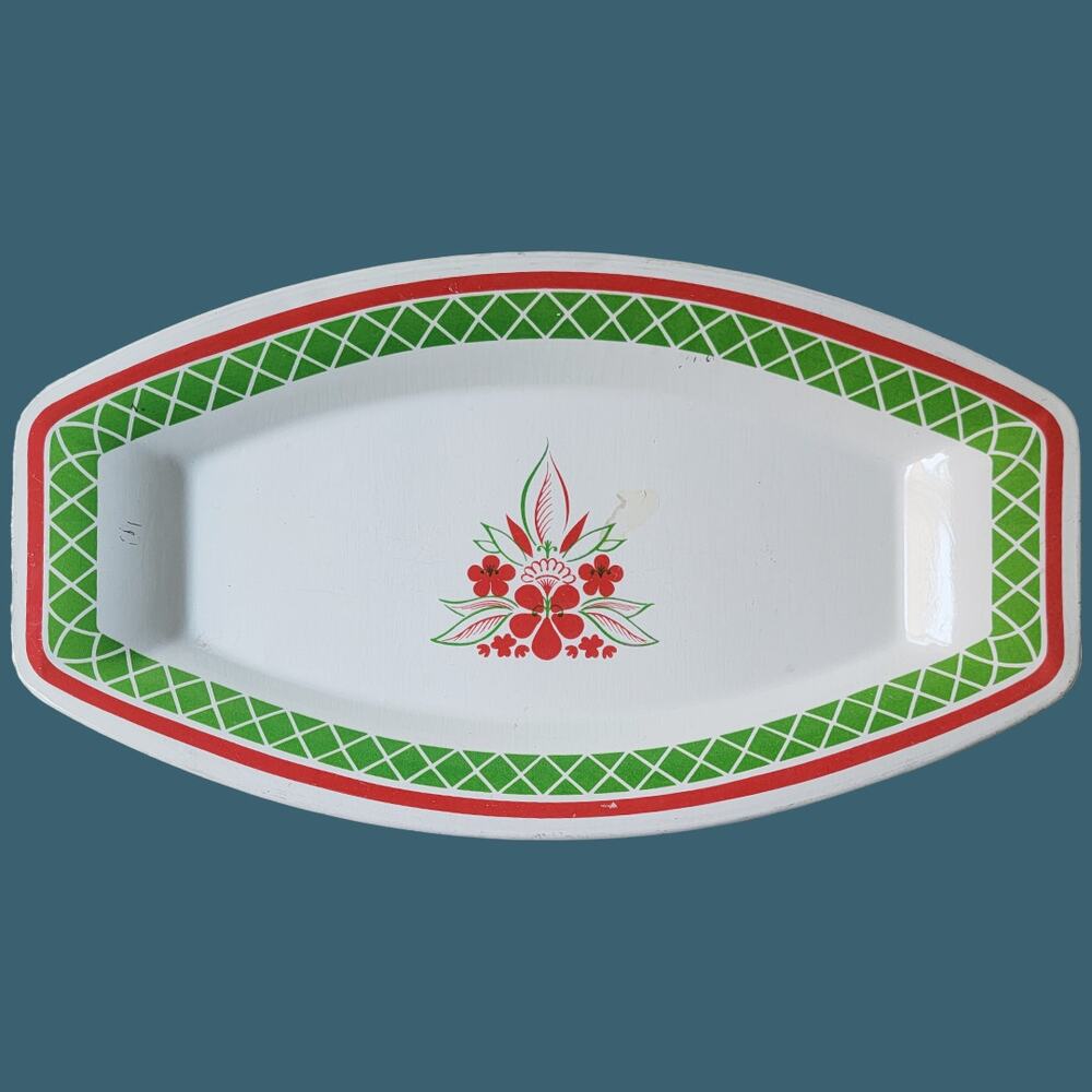 Vintage 1950s Small White French Enamelware Tray with Red and Green Accents
